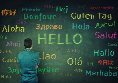 Rear view of a puzzled businessman in front of a huge chalkboard written with the word hallo in different languages and colors. Opportunity for learning many languages for students.